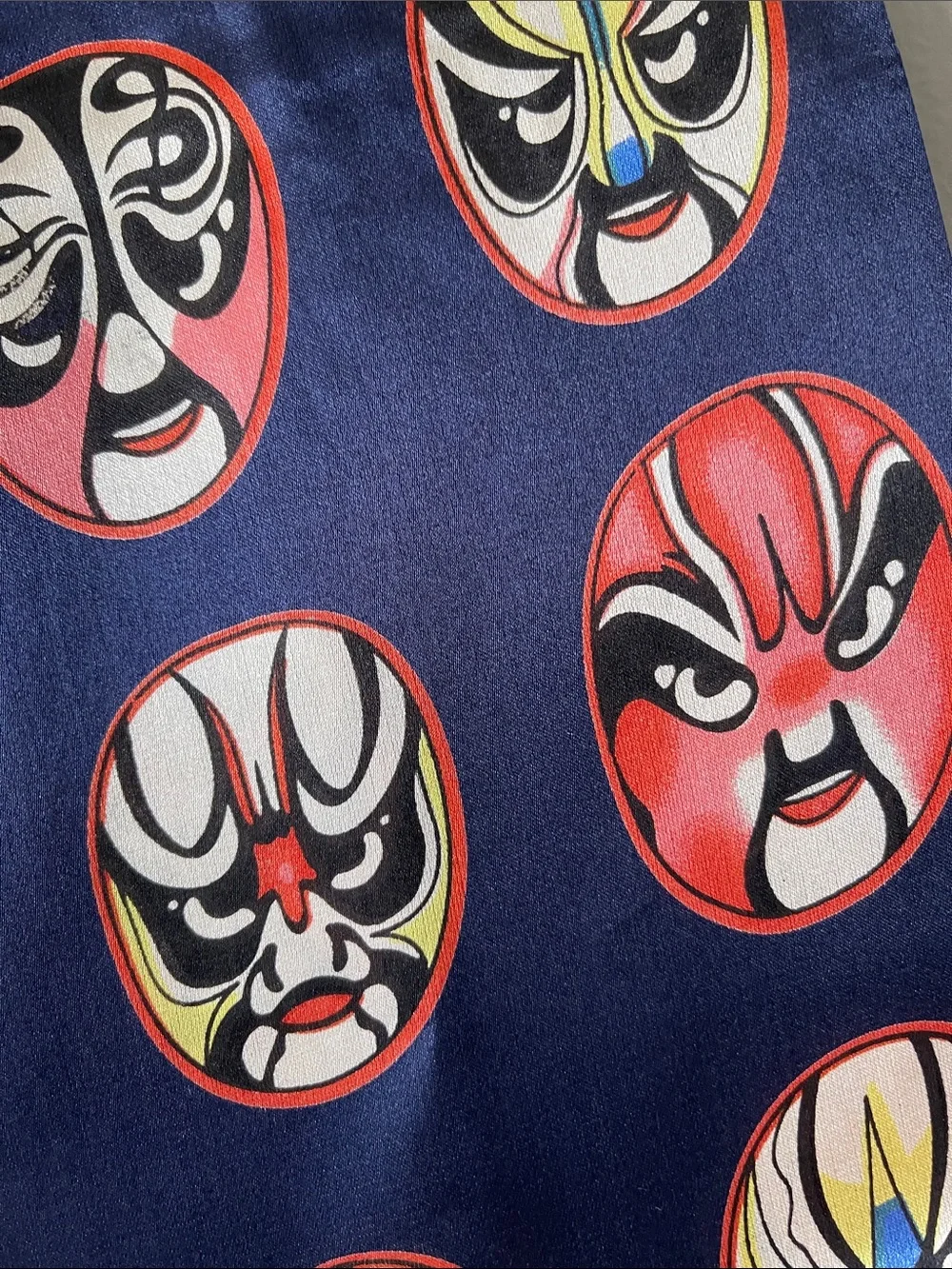 Silk Navy Scarf with Multicolor Mask Motif fringe ends